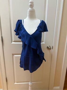 Gold Hawk 100% Silk Ruffle Camisole – Sapphire Blue Cold-Shoulder Top